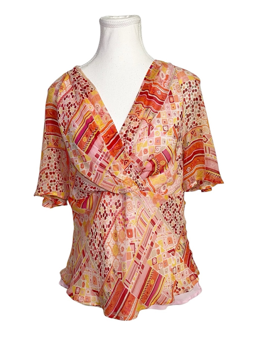 Silkland Y2K Boho Chic 100% Silk Patchwork Flutter Sleeve Blouse - Picture 1 of 14